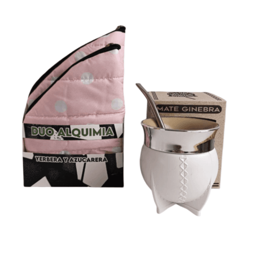 SET MATERO DUO ALQUIMIA PUFFER ROSA LUNARES + MATE GINEBRA ROSA/BLANCO