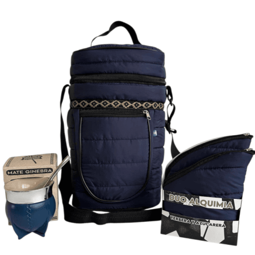 COMBO BOLSO MATERO PUFFER AZUL + YERBERA Y AZUCARERA ALQUIMIA DUO + MATE GINEBRA AZUL
